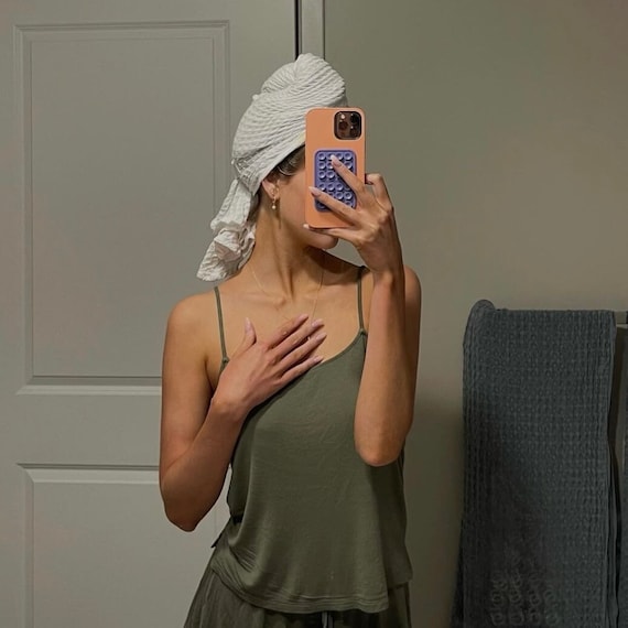 Waffle Weave Hair Towel: White Cotton, Stretchy Band, Frizz-Free