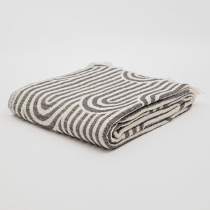 May include: A folded white and gray striped throw blanket with a geometric pattern. The blanket is made of a soft, woven fabric.