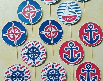 Nautical Cupcake Toppers (Set of 12), Nautical Birthday Party, Nautical Baby Shower, Nautical Party Cupcake Toppers, Nautical Birthday Gift