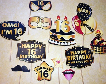 Sweet Sixteen Photo Booth Props, Sweet 16 Photo Booth Props, Sweet Sixteen Black and Gold Photo Booth Set, Sweet 16 Photo Booth, Sweet 16