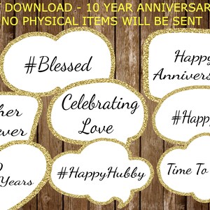 10th Anniversary Printable Photo Booth Props, Gold Instant Download Anniversary Photo Props, 10 Year Anniversary Digital Photo Booth Props
