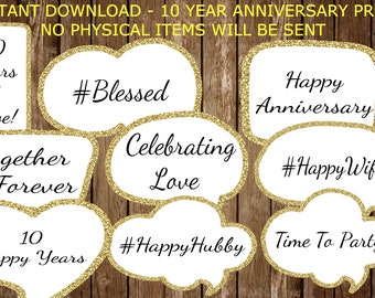 10th Anniversary Printable Photo Booth Props, Gold Instant Download Anniversary Photo Props, 10 Year Anniversary Digital Photo Booth Props