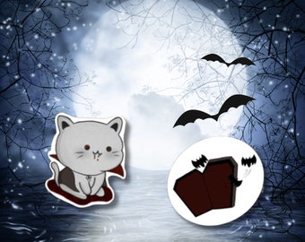 Cute and Spooky Vampire Cat and Coffin sticker set | Halloween Cat Stickers