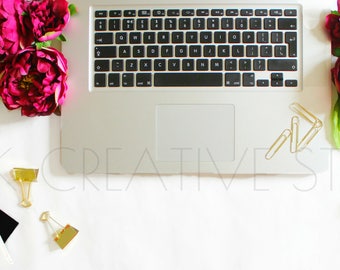 Styled Desk Photography | Purple Peonies | Laptop on a white background | Purple and Gold Desk Mockup | Digital Image | Gold Accessories