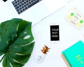 Download Free iPhone and Laptop Mockup | Styled Stock Photography | Monstera Leaf | Notebook | Digital Image PSD Template