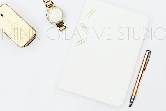 Styled Stock Image White Notebook With Gold Desk