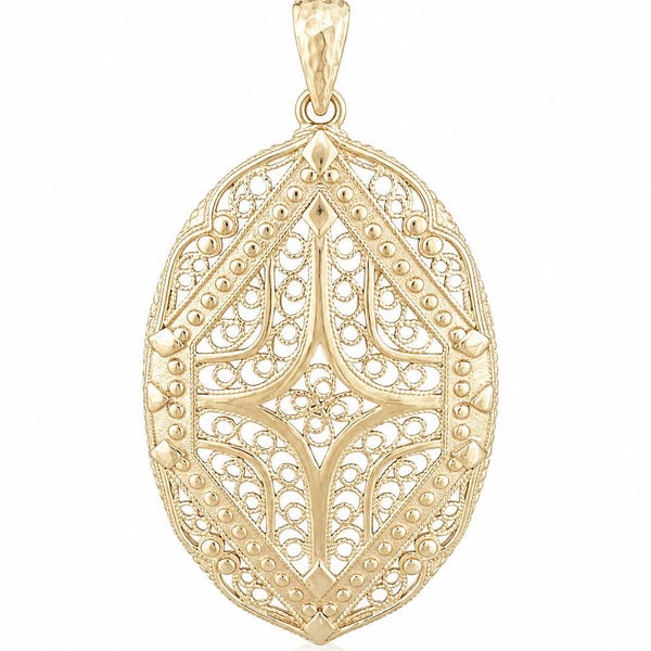 Oval Filigree Statement Pendant Handmade Gold Jewelry