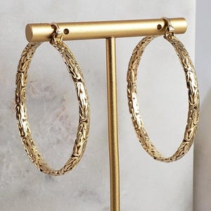 Byzantine Link Hoop Earrings with Classic Texture, Gold over Bronze