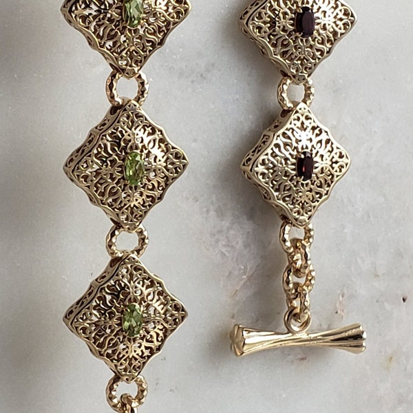 Luxurious Gemstone Cabochon Link Bracelet, Open Work Scrollwork Design, Citrine Garnet or Peridot- Special Handmade Gifts, 18K Gold Plated