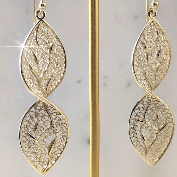 Leaf Filigree Drop Earrings, Twisting Vine Gold Earrings, Lightweight Handmade Dangles