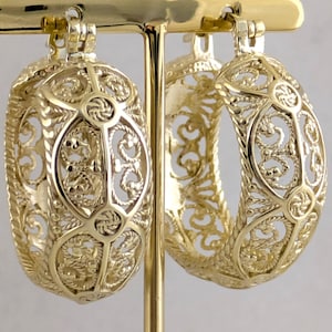 Filigree Hoop Earrings, Intricate Gold Statement Hoops, Handmade Vintage-Inspired Jewelry