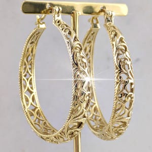 Large Scrollwork Hoop Earrings, Gold Filigree Statement Hoops