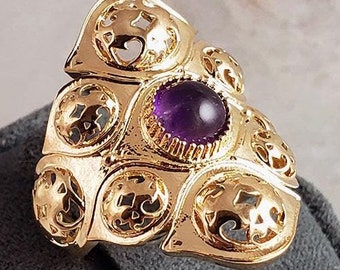 Filigree Ring with Ruby Zoisite or Amethyst – Bold Gold Statement Ring with 6mm Gemstone