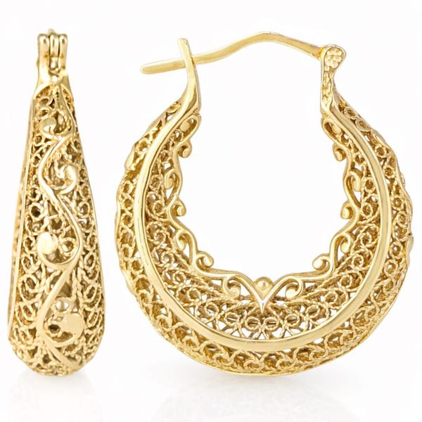 Elegant Filigree Gold Hoop Earrings with Intricate Scrollwork Design