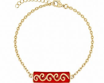 Red Enamel Wave Motif Bar Bracelet, Scroll Design