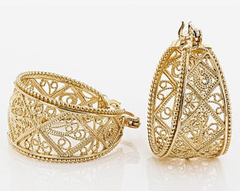 Graduated Filigree Hoop Earrings with Milgrain Edge, Handmade Statement Jewelry