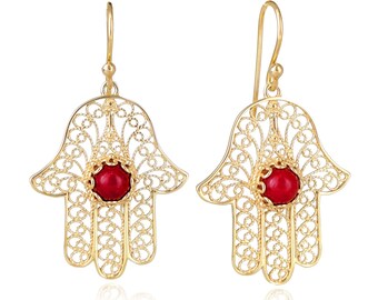 Red Coral Hamsa Drop Earrings