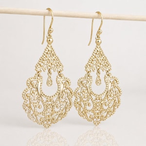 Gold Filigree Chandelier Earrings – Vintage-Inspired Statement Dangle Earrings, Artisan Handcrafted Jewelry