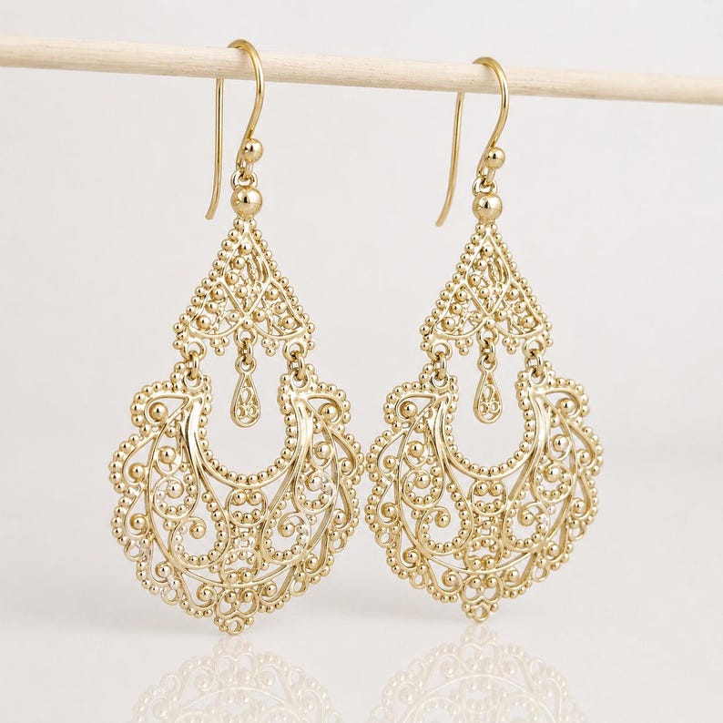 Gold Filigree Chandelier Earrings – Vintage-Inspired Statement Dangle Earrings, Artisan Handcrafted Jewelry