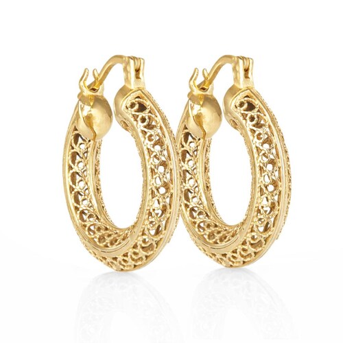 Superbes créoles en filigrane d'or - Petits créoles fabriqués à la main artisan, bijoux d'inspiration vintage de 1 pouce