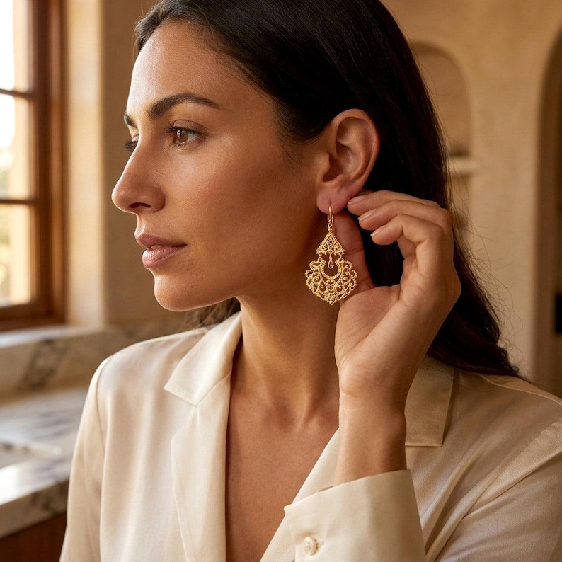 Gold Filigree Chandelier Earrings – Vintage-Inspired Statement Dangle Earrings, Artisan Handcrafted Jewelry