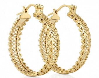 Ornate Filigree Hoop Earrings, Wavy Openwork Round Hoops, Vintage Inspired Earrings