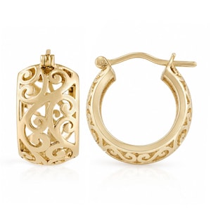 Gold Filigree Hoop Earrings - Delicate Openwork Scrollwork Design - Small Hoop Earrings