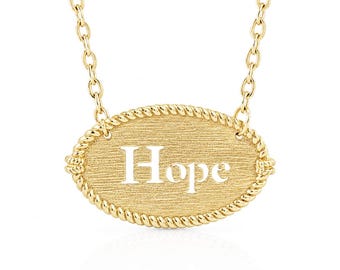 Oval Hope Cutout Necklace, Textured Inspirational Pendant with Rope Border