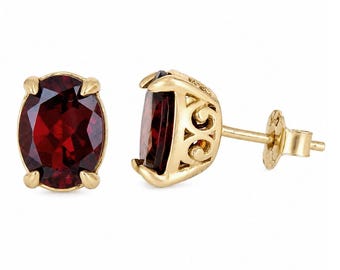 Oval Garnet Scrollwork Stud Earrings, Vintage Inspired Gemstone Design