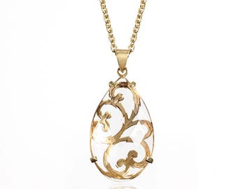 Glamorous Genuine Crystal Overlay Gold Necklace, Quartz Teardrop Filigree Pendant, Gold Crystal Pendant, Gemstone Pendant, Designer Jewelry