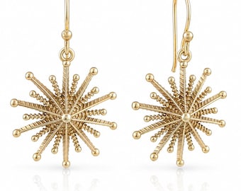 Round Starburst Drop Earrings, Radiating Sculptural Dangle Earrings with Vintage Inspired Detail