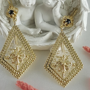 Handmade 18K Gold Plated Gemstone Elongated Earrings, Black Onyx - Pink Opal, White Agate, Turquoise and Tiger Eye Gemstone Filigree Earring
