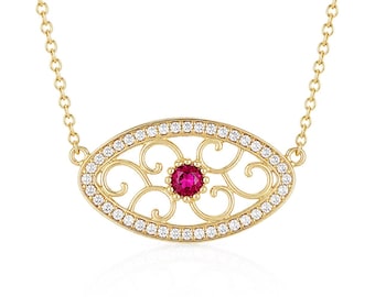 Oval Pink Crystal Scrollwork Necklace with White Crystal Accents