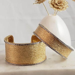 Textured Wide Cuff Bracelet with Sparkling Edge, Adjustable Bangle, Statement Jewelry