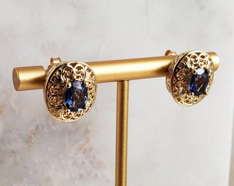 Princess Elegant Morganite Tanzanite 18K Gold Plated Stud Earrings, Oval Filigree Gold Gemstone Stud Earrings Morganite Tanzanite Quartz