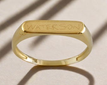 10k Solid Gold Waterson handwriting Engraved  Minimalist Signet Ring Size 9 and 3/4 - For Lydia