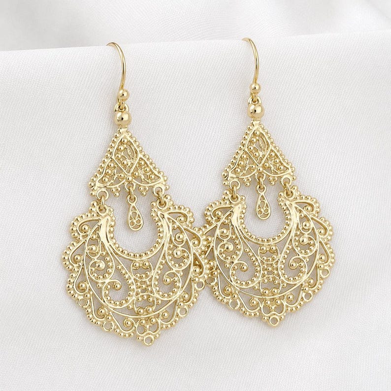 Gold Filigree Chandelier Earrings – Vintage-Inspired Statement Dangle Earrings, Artisan Handcrafted Jewelry