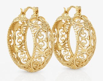 Filigree Hoop Earrings, Intricate Gold Statement Hoops, Handmade Vintage-Inspired Jewelry