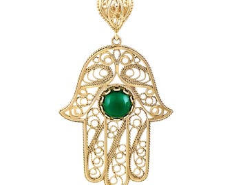 Green Crystal Hamsa Pendant, Ornate Filigree Hand Openwork Design
