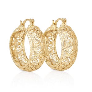 Filigrane Hoop Ohrringe, Filigrane Gold Statement Creolen, Handgemachter Vintage-Schmuck