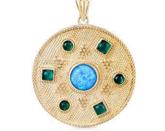 Opal Crystal and Green Agate Round Statement Pendant, Ornate Multistone Design