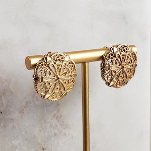 Filigree Stud Button Gold Earrings, Beaded Button Filigree Style, Classic Vintage Gold Style Circle Button Artisan Handmade Earrings image 1