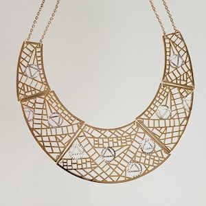Cleopatra Geometric Design Statement Bib Necklace, Collar Necklace, Big Statement Jewelry, Chunky Triangle Gold 18K Necklace, Bold Pattern