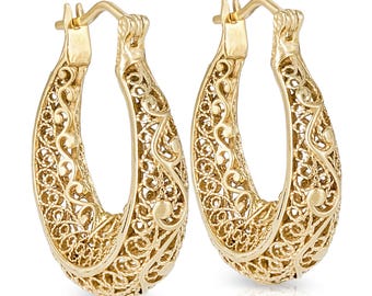 Elegant Filigree Gold Hoop Earrings with Intricate Scrollwork Design