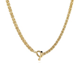 Iconic Gold Byzantine Chain Necklace with Black Onyx Crystal Toggle Clasp, Jewelry Gifts for Her Him