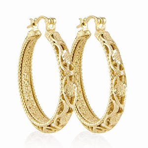 Gold Filigree Hoop Earrings with Milgrain Texture | Floral Large Wide Hoops | Istanbul Jewelry