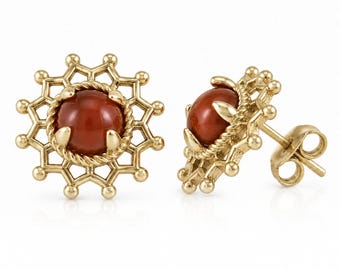 Carnelian Cabochon Stud Earrings, Ornate Openwork Round Earrings
