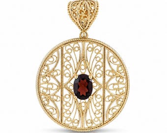 Natural Garnet Filigree Round Pendant, Ornate Scrollwork Statement Necklace Charm