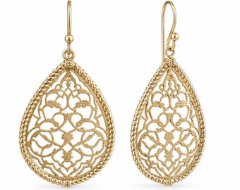 Turkish Motif Teardrop Drop Earrings, Ornate Openwork Filigree Dangle Earrings