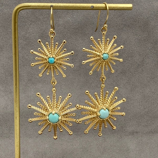 Stunning Turquoise Coral Sun Starburst Earrings,  Genuine Fine Mexican Turquoise, Italian Coral Starburst, Sun Earring, Gemstone Chandelier